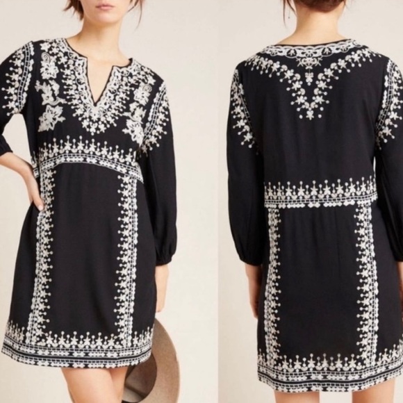 Anthropologie NWOT Maeve Shiloh Black Embroidered Tunic Mini Dress size 6 - Picture 2 of 12